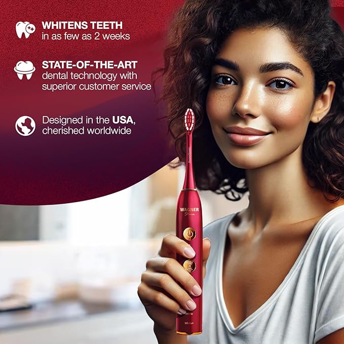 Wagner Stern WHITEN+ Edition. Whitening Electric Toothbrush with Pressure Sensor. Offers 5 Brushing Modes 3 intensities 8 Soft Brush Heads and a Luxury Travel case.