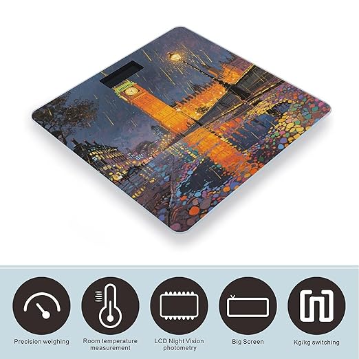 London Big Ben Rainy Evening Scale for Body Weight Sturdy Tempered Glass Weighing Scales with LCD Display Accurate Digital Bathroom Scale Convenient Body Fat Smart Scales Easy Read