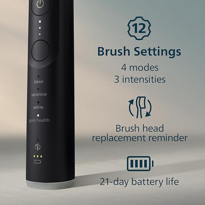Philips Sonicare 7300 Series Electric Toothbrush - Next-Generation Sonicare Technology Pressure Sensor 12 Brushing Settings SmarTimer BrushPacer 21-Day Runtime Travel Case Black HX7421/07