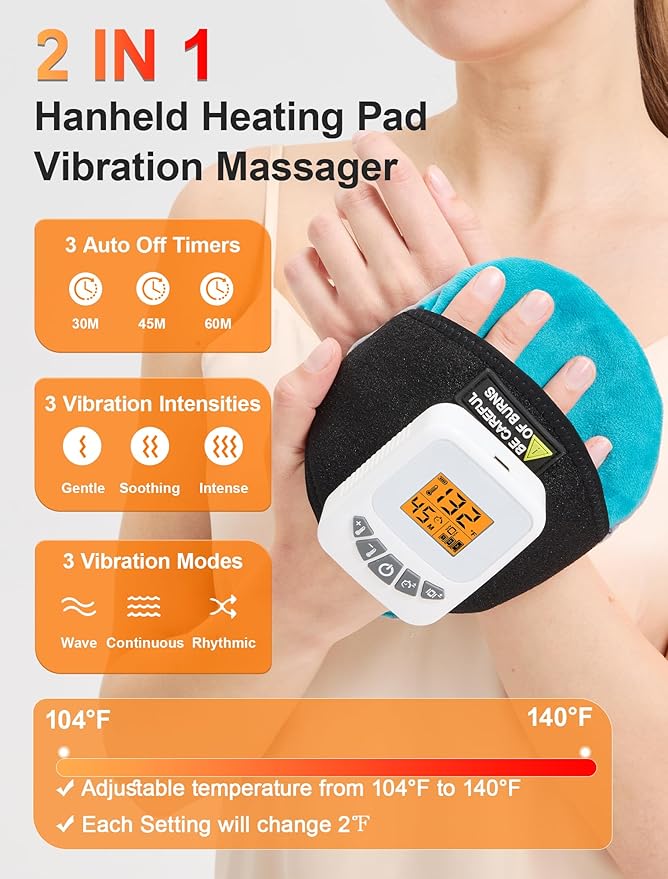 CAMECO Cordless Multi-Purpose Heating Pad with Massage for Muscle Joint Pain Relief 104℉-140℉ &amp 5000mAh Battery Portable Handheld Heated Massager Pad for Neck Face Wrist Hand Leg