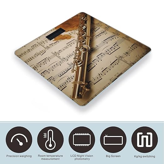 Flute Music Scale for Body Weight Anti-Slip Tempered Glass Digital Bathroom Scales Clear LCD Display Weighing Scale Safe Rounded Corners Smart Scales