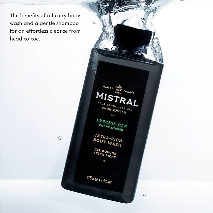 Mistral Men's Body Wash &amp Shampoo Cypress Oak 13.5 oz | 2-in-1 Natural Shower Gel for Men | SLS Paraben &amp Phthalate Free | Natural Men’s Body Wash Moisturizing Bath Gel - Made in France