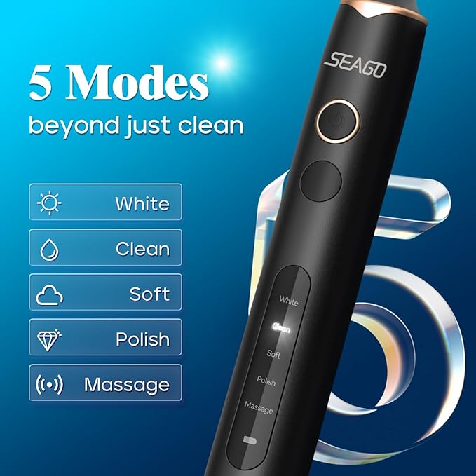 SEAGO Rotating Electric Toothbrush with 8 Round Brush Heads with 5 Cleaning Modes Sonic Technology Whitening Teeth in 14 Days for Adult and KidsSG-2603 (Black)