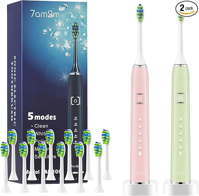 7AM2M Electric Toothbrush 2 Pack Set for Kids and Adults 12 Brush Heads5 Adjustable Modes Built-in 2-Minute Smart Timer Wireless Fast Charge for 60 DaysIPX7Waterproof SonicToothbrush(Green+Pink)