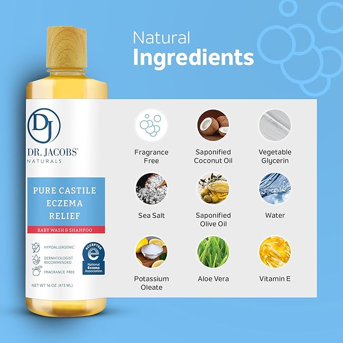 Dr. Jacobs Pure Castile Baby Wash - Effective Body Wash to Relieve Baby Eczema - Gentle Shampoo and Unscented Soap for Sensitive Skin and Hypoallergenic - 16 oz -2PK