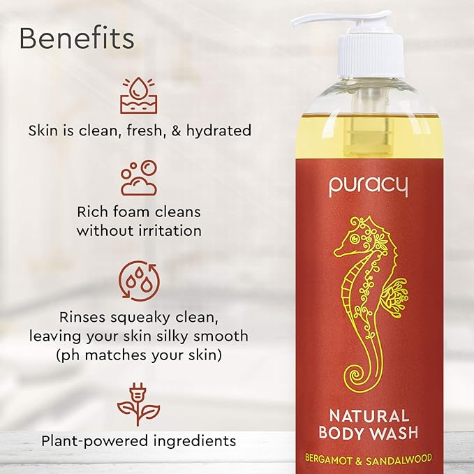 Puracy Body Wash Natural Body Wash 98.6% Pure Plant Ingredients Moisturizing Shower Gel for Women Men Kids Body Soap for Dry Sensitive Skin Gently Scented with Bergamot &amp Sandalwood 16 Fl Oz
