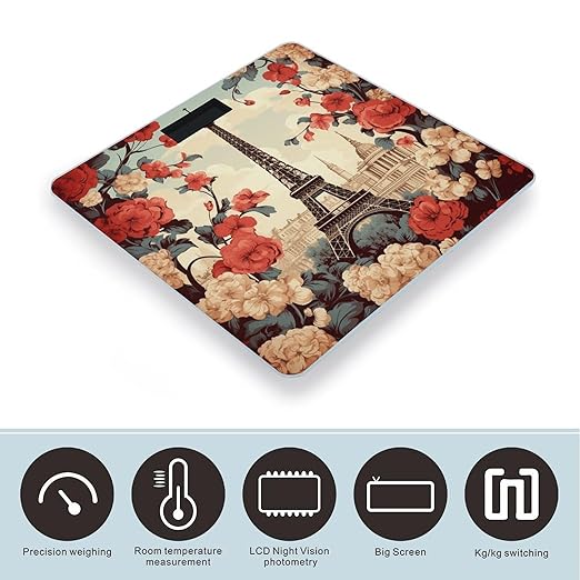 Paris Vintage Floral Bathroom Scale for Body Weight LCD Display Digital Bathroom Scale Tempered Glass Bathroom Weight Scales Fashion Smart Scales for Home Bedroom 400 Lb