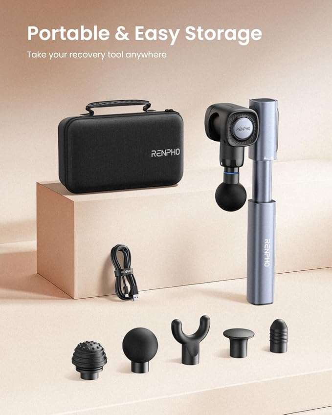 RENPHO Massage Gun with Adjustable Angles and Extension Handle Handheld Back Massager Percussion Muscle Massager Deep Tissue with Portable Carry Case for Men Women Extend 2