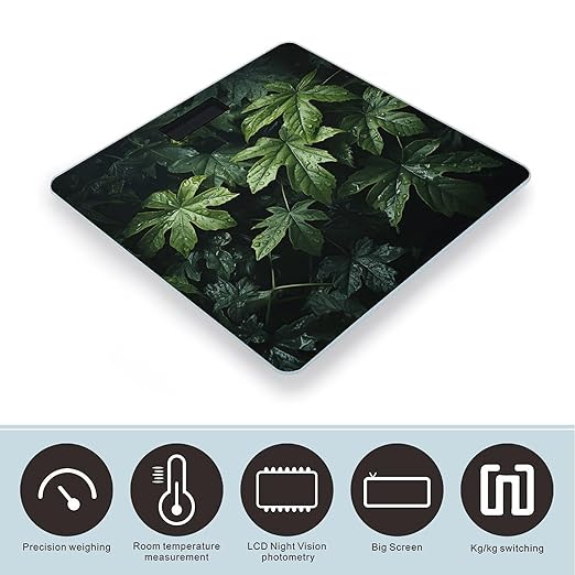 Green Leaves Pattern Bathroom Scale for Body Weight LCD Display Digital Bathroom Scale Tempered Glass Bathroom Weight Scales Fashion Smart Scales for Home Bedroom 400 Lb