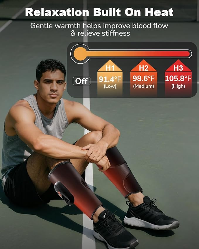 Air Compression Leg Massager with Heat : Sequential Calf Massager with 5 Modes 5 Intensity &amp 3 Heat for Circulation and Pain Relief - Rechargeable Calf Compression Device for Fast Recovery