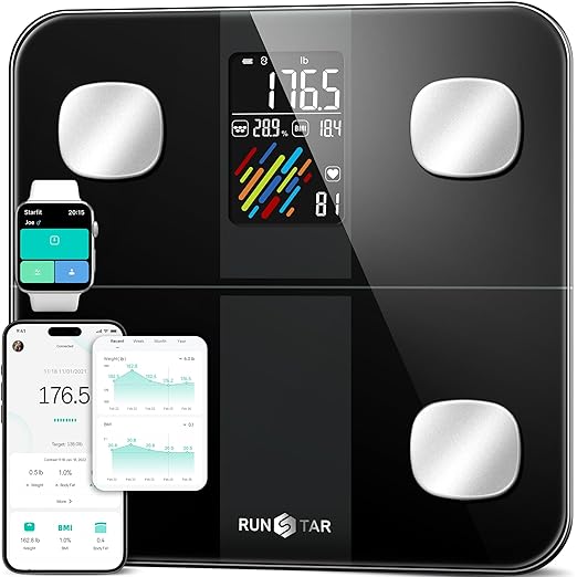 RunStar Smart Scale for Body Weight and Fat Percentage High Accuracy Digital Bathroom Scale with Large Display for BMI Heart Rate 22 Body Composition Analyzer Sync with Fitness App 400lb