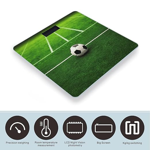 Green Grass Field Soccer Playground The Ball Weight ScaleClear LED Display Bathroom Digital Weighing ScaleTempered Glass Digital Bathroom Scale for Body Weight Capacity Up to 400 Lbs