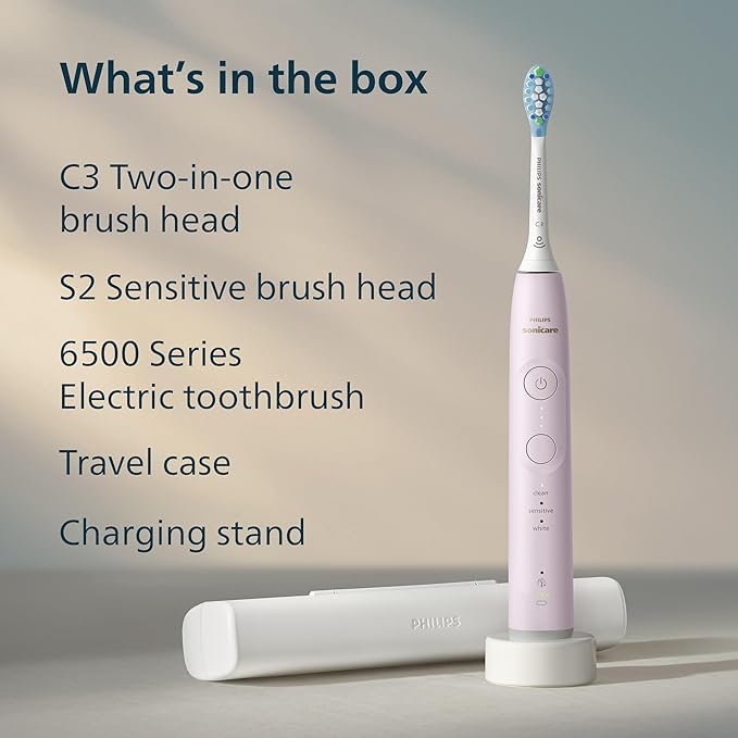 Philips Sonicare 6500 Series Electric Toothbrush - Next-Generation Sonicare Technology Pressure Sensor 9 Brushing Settings SmarTimer BrushPacer 21-Day Runtime Travel Case Light Pink HX7412/05