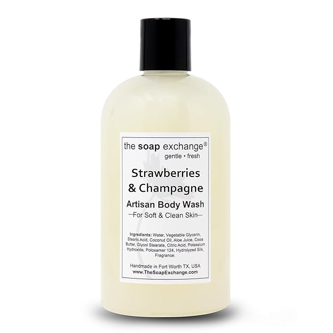 The Soap Exchange Body Wash - Strawberries &amp Champagne Scent - Hand Crafted 12 fl oz / 354 ml Natural Artisan Liquid Soap for Hand Face &amp Body Shower Gel Cleanse Moisturize Protect.
