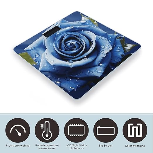 Beautiful Blue Rose Illustration Digital Bathroom Scale for Body Weight with High Precision Digital Weighing Scale with BMI Clear LCD Display and Step-On Measures Weight Up to 180kg