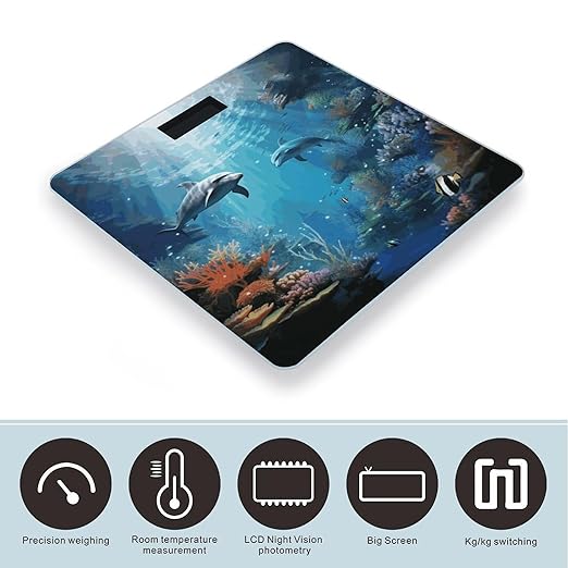 Blue Ocean Underwater Fish Bathroom Scale for Body Weight Bathroom Digital Electronic Weighing Scale with Back Lit LED Display Sturdy Tempered Glass Weight Watchers Scales 400lb