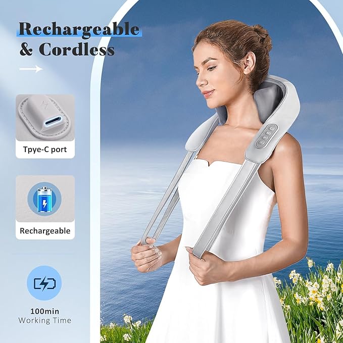 Cordless Neck and Shoulder Massager Shiatsu Neck and Back Massager with Heat 4D Deep Tissue Kneading Massage Pillow for Shoulder Back Leg Muscle Pain Relief Valentine's Day Gifts for Women Men