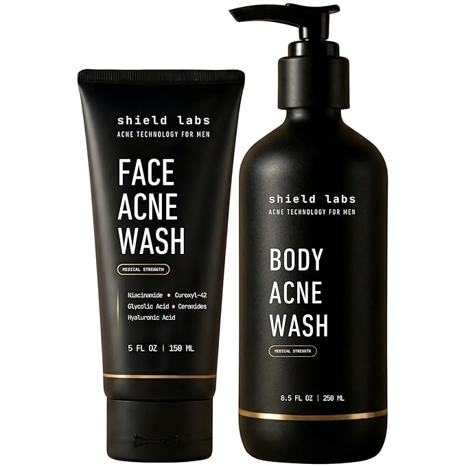Shield Acne Wash Bundle for Men and Boys – Deep Clean Gel Formula Face Wash and Unscented Back &amp Chest Cleanser Clears Acne &amp Breakouts 13.6 oz