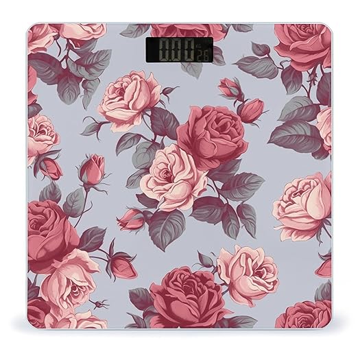Red Roses Floral Scale for Body Weight Anti-Slip Tempered Glass Digital Bathroom Scales Clear LCD Display Weighing Scale Safe Rounded Corners Smart Scales