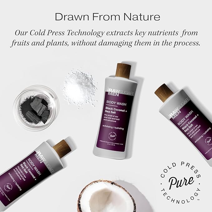 RAW SUGAR 3-Pack Body Wash Men - Black Coconut + Sea Salt Exfoliating and Hydrating Body Wash Formulated without Parabens Cruelty Free and Vegan