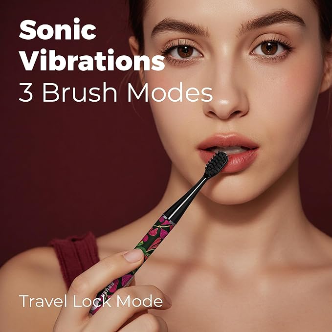 MIPOW Brush GO SlimPro i4 Electric Toothbrush Rechargeable Smart Ultra Sonic 3 Modes Travel Case &amp Ceramic Dock 60Day Battery Soft Bristles 2 Heads IPX7 Waterproof Color-TropicVibe
