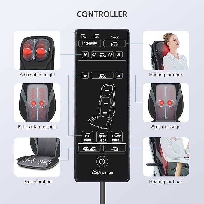 Snailax Shiatsu Back Massager with Heat -Deep Kneading Massage Chair Pad with Adjustable Intensity Shiatsu Chair Massager to Relax Full Body MuscleGift for Mother
