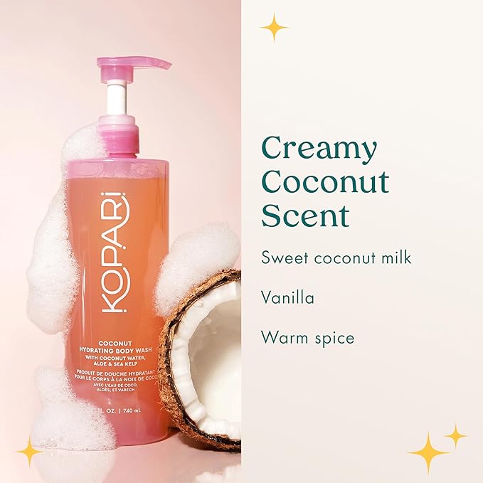 Kopari Jumbo Coconut Hydrating Body Wash with Organic Coconut Water Sea Kelp and Aloe Vera Luxurious Gel to Foam Sweet Coconut &amp Vanilla 25 oz