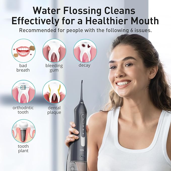 COSLUS Water Dental Flosser Teeth Pick C20(F5020E): Portable Cordless Oral Irrigator 300ML Rechargeable Travel Irrigation Cleaner IPX7 Waterproof Electric Flossing Machine for Teeth Cleaning Grey