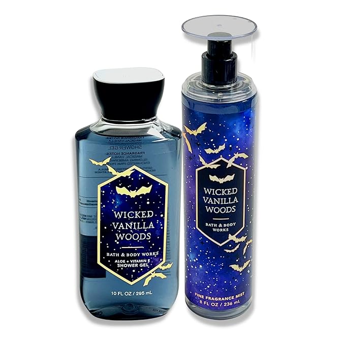 Bath &amp Body Works Wicked Vanilla Woods - 2 pc bundle - Fine Fragrance Mist 8oz - Shower Gel Aloe and Vitamin E 10oz - 2022 Halloween Edition