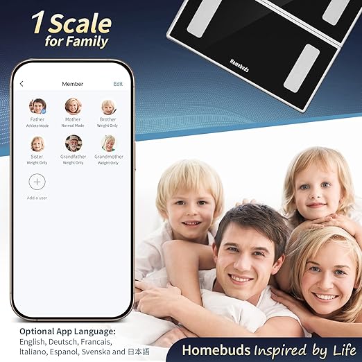 Homebuds Smart Bathroom Scale for Body Weight High Precision in 0.1lb Assured by Weight Scale Professional Factory SINCE 2001 App Sync 13 Body Composition Including BMI and Body Fat 400lb LED Black