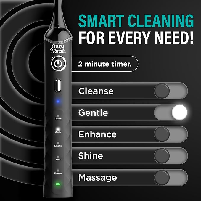 GuruNanda Pressure Sonic 2.0 Electric Toothbrush with Butter On Gums Bristles – Smart Pressure Sensor 5 Modes 2-Min Timer 55-Day Rechargeable Battery IPX7 Waterproof Black