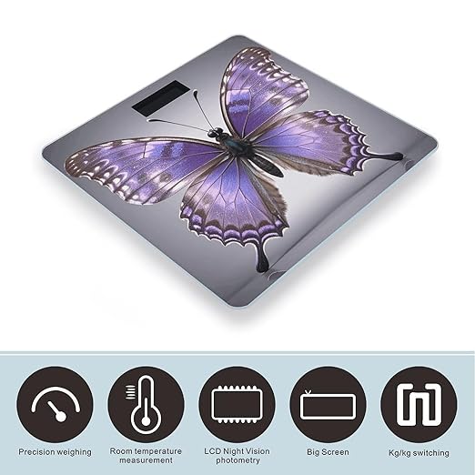 Purple Butterflies Digital Bathroom Scale for Body Weight Weighing Scale with Backlit LCD Display High Precision Measurements &amp Measures Weight Up to 180kg