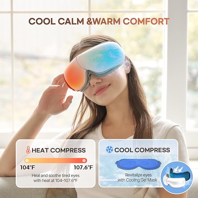 HubiCare Ultra Quiet with Double Pad Eye Massager under 30dB Heat &amp Cooling for Enhanced Comfort Airbag and Bluetooth Music for Dark Circles Dryness Relieve Strain and Migraine Relief Relaxati