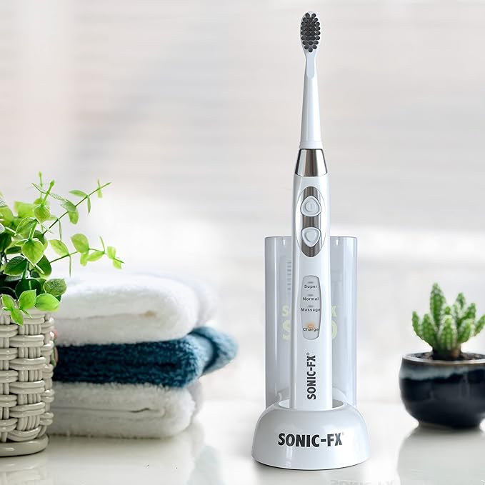Sonic-FX Solo Electric Toothbrush w/ 10 Brush Heads + 1 Interdental Charcoal Bristles Rechargeable Charging/Storage Base 3 Brush Modes Smart Timer 2 Months Use on Full Charge White Color