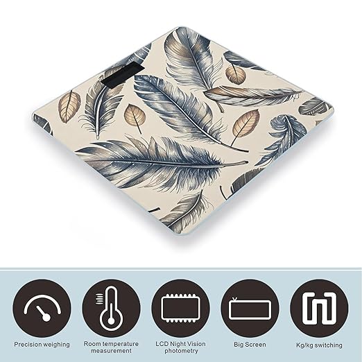 Hand Drawn Feathers Scale for Body Weight Smart Scales Digital Bathroom Scale High Precision Weighing Scales with Large Display Weighing Machine for People