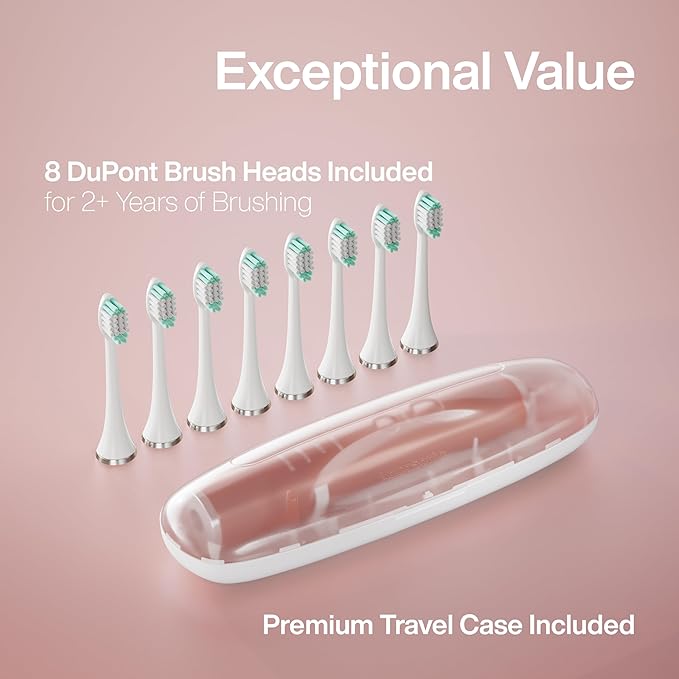 Aquasonic Vibe Series Ultra-Whitening Toothbrush – ADA Accepted Electric Toothbrush - 8 Brush Heads &amp Travel Case – 40000 VPM Motor &amp Wireless Charging - 4 Modes w Smart Timer – Satin Rose Go