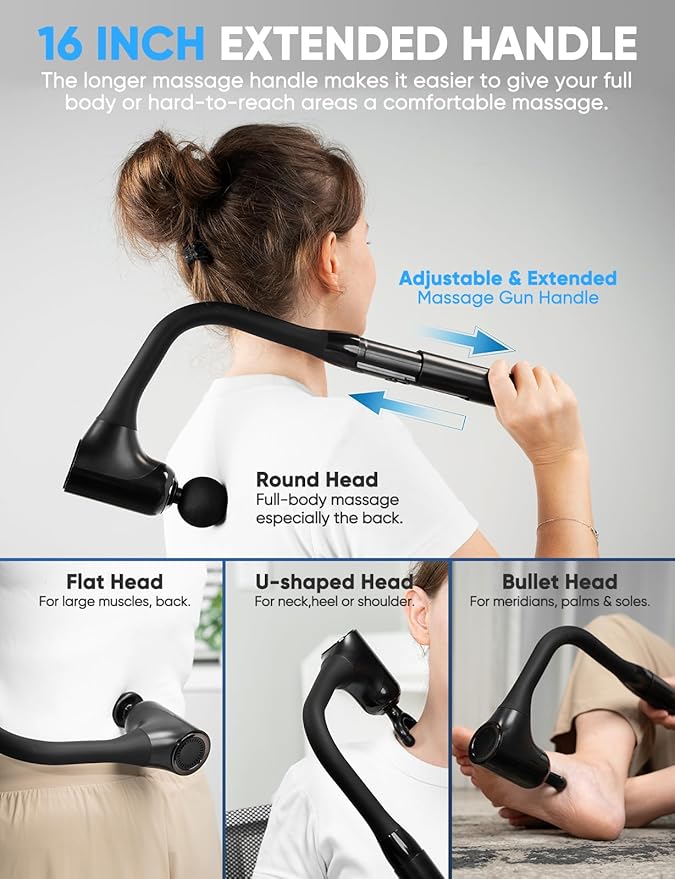 Massage Gun Deep Tissue - Back Massager for Pain Relief Deep Tissue with Extended Handle 12MM Percussion Less-Shock Neck/Foot/Leg/Shoulder Massager Infinitely Adjustable Speed &amp 4 Replaceable He