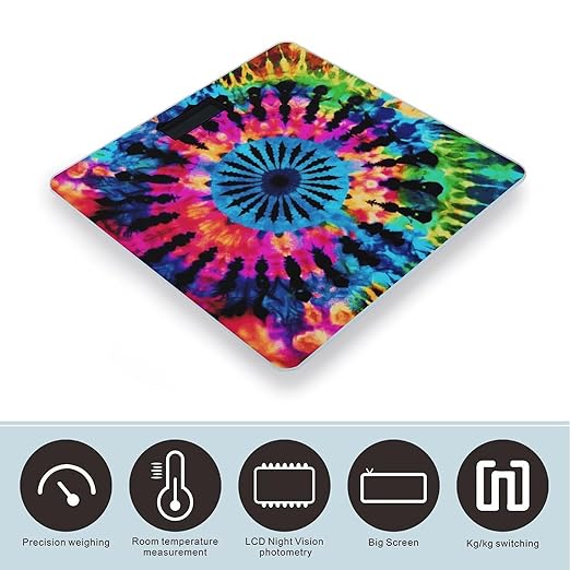Exotic Tribe Tie Dye Style Scale for Body Weight High Precision Digital Weight Scales with LCD Display Anti-Slip Sturdy Slim Tempered Glass Bathroom Scale for Home Use