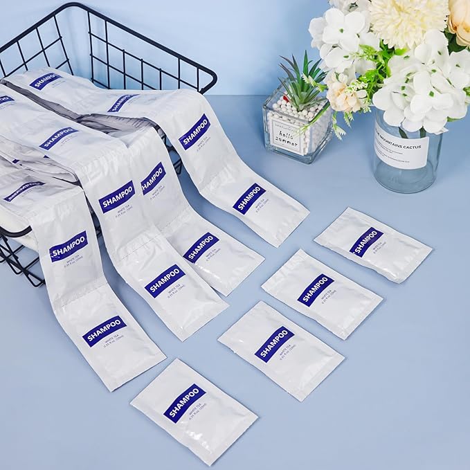 100 pack 0.35 fl oz/10ml Travel Size Shampoo Bulk Individually Wrapped bundle with 100 pack Travel Size Body Wash Bulk White Tea Scent0.35 fl oz/10ml