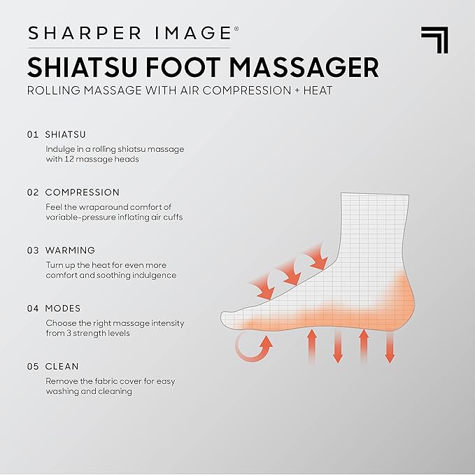 Sharper Image Electric Shiatsu Foot Massager with Heat &amp Air Compression Deep Kneading Rollers &amp Washable Cover Targets Heels Balls &amp Arches up to Mens Size 12 Gift for Women &amp Men