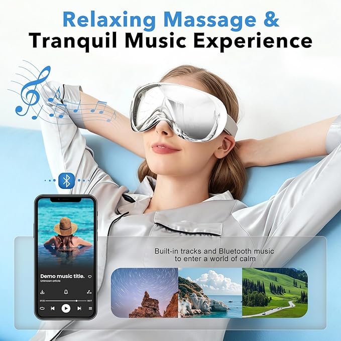 Eye Massager with Heat and Cooling for Migraines – 14 Massage Nodes for Eye Strain Relief Rechargeable Bluetooth Music Improve SleepEye Strain Relief Birthday Gifts for Women and Men(sliver)