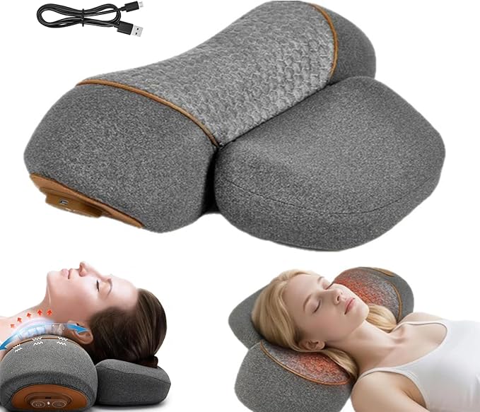 Neck Massager Rechargeable 3 in 1 Neck Massager Electric Cervical Pillow Hump for Shoulder Heating &amp Stress Relieving Ergonomic Memory Foam Pillow (Space Gray)