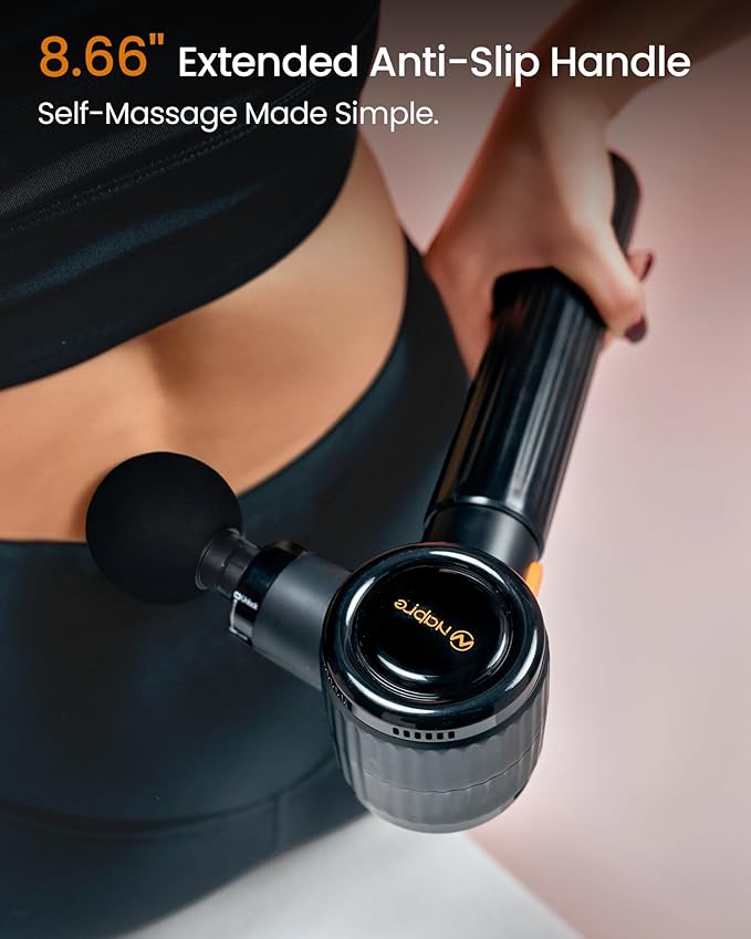 NAPRE Massage Gun with Extension Handle &amp 3 Adjustable AnglesDeep Tissue Back Massage for Neck/Shoulders/Waist/Legs/Body Pain ReliefHandheld Percussion Muscle Massager6 Heads &amp SilentBlack