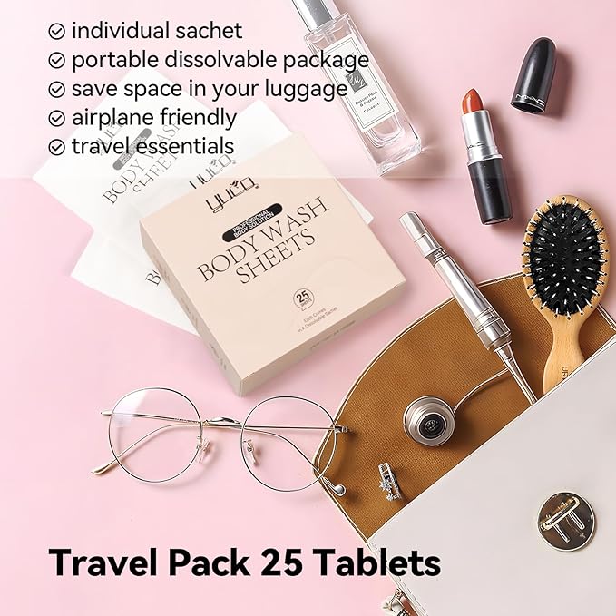 YUCO Travel Body Wash Sheets Travel Pack 25 SheetsIndividual Sachetfor Body WashCamellia Japonica ScentFor GymCampingVacationHotelsHospitalBusiness TripFlight Travel Essentials