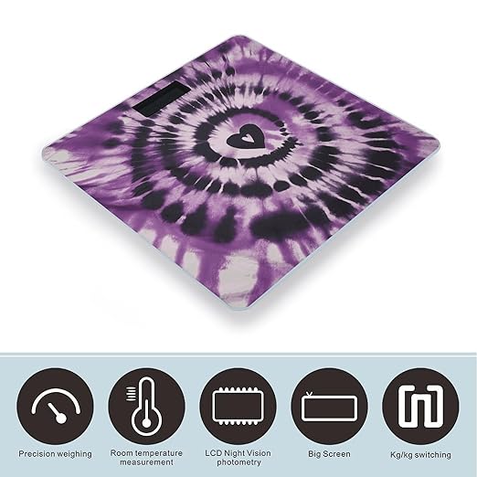 Purple Tie Dye Scale for Body Weight Anti-Slip Tempered Glass Digital Bathroom Scales Clear LCD Display Weighing Scale Safe Rounded Corners Smart Scales