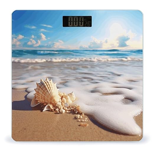 Beach with Shells Scale for Body Weight Sturdy Tempered Glass Weighing Scales with LCD Display Accurate Digital Bathroom Scale Convenient Body Fat Smart Scales 400lb