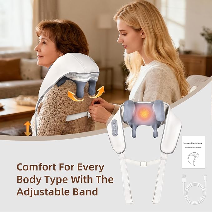 Cordless 4D Shiatsu Neck Massager with Heat - Deep Tissue Kneading Pillow for Back &amp Leg Pain Relief Portable Rechargeable Gift for Men &amp Women Ivory White