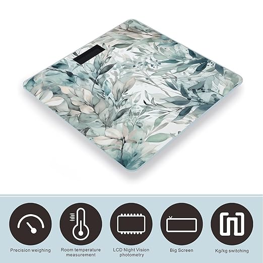 Leaves of Plant Scale for Body Weight Anti-Slip Tempered Glass Digital Bathroom Scales Clear LCD Display Weighing Scale Safe Rounded Corners Smart Scales