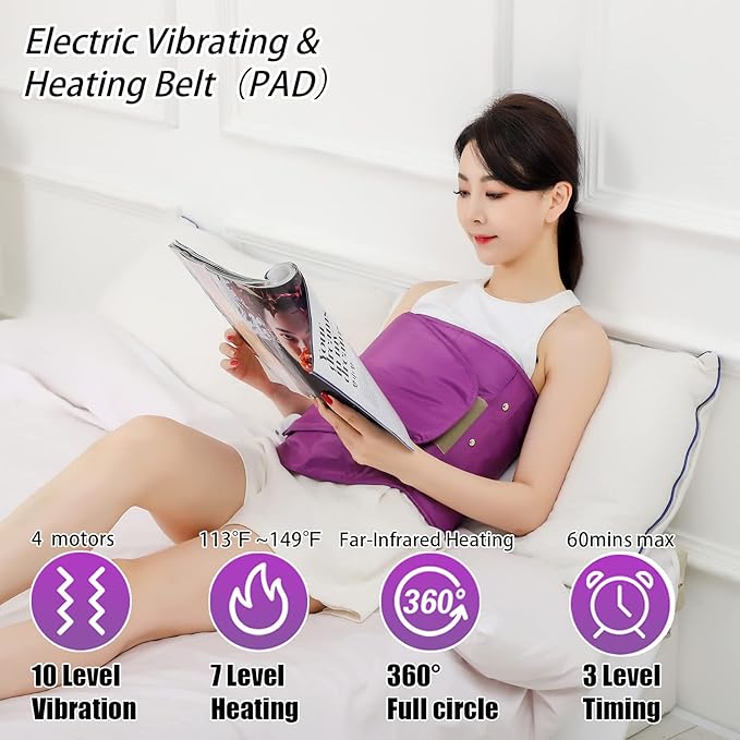 Heating Sauna Belt with Hot Compress &amp Vibration MassageLumbar Abdominal Stomach Belly Massager Back Pain Relief Machine for Body Muscle RelaxWaist Trimmer Fitness Home Exercise(Purple)