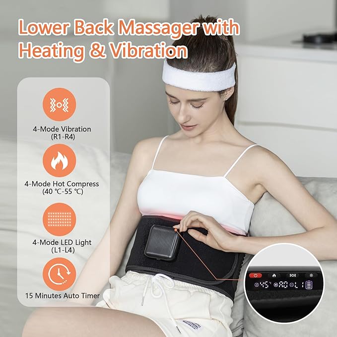Lower Back Massager Belt with Four Modes Heating &amp Massage &amp Red Light Ergonomic Support Massage Belt with Timer Portable Cordless Heating Pad for Back Relieve Pain Battery-Powered